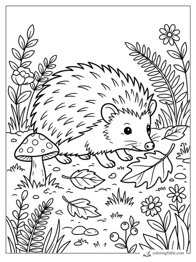 Hedgehog sniffing a large leaf among mushrooms, ferns, flowers, berries, stones, and grass.