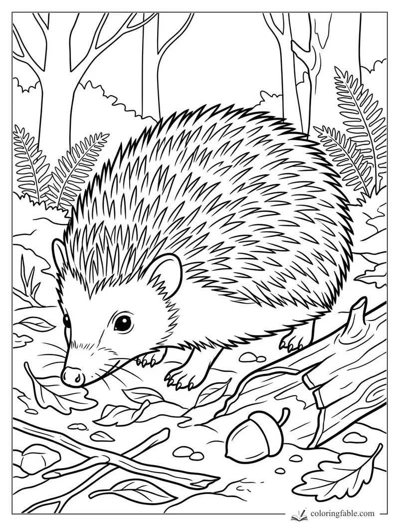 Realistic hedgehog sniffing leaves beside a fallen log, ferns, acorn, twigs, and forest trees.