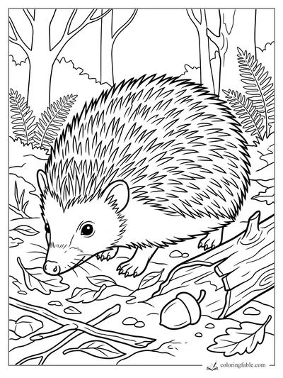 Realistic hedgehog sniffing leaves beside a fallen log, ferns, acorn, twigs, and forest trees.