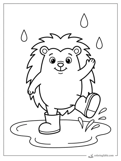 Cartoon hedgehog in rain boots waves while splashing in a puddle under three raindrops.