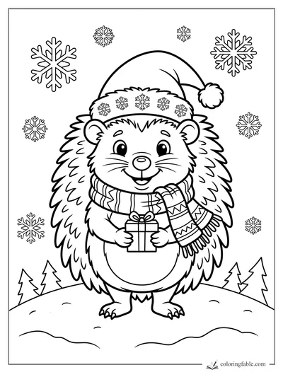 Cartoon hedgehog in a Santa hat and scarf holding a gift box among falling snowflakes and pine trees