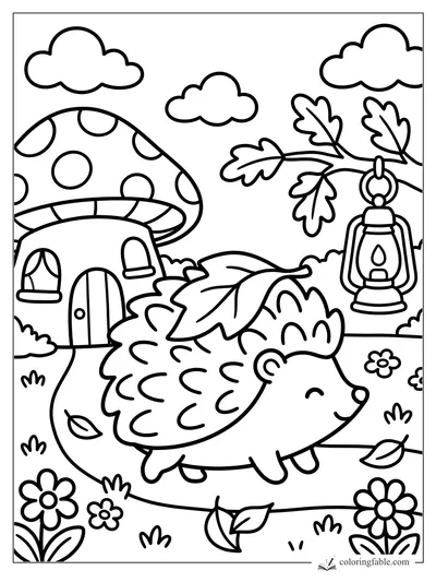 Cozy hedgehog under oak leaves beside a mushroom house and hanging lantern coloring page