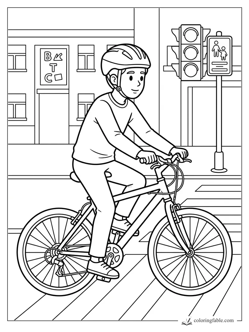 Boy in a bike helmet rides a bicycle past a traffic light and pedestrian crossing sign on a city street.