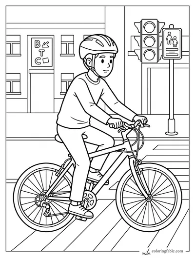 Boy in a bike helmet rides a bicycle past a traffic light and pedestrian crossing sign on a city street.