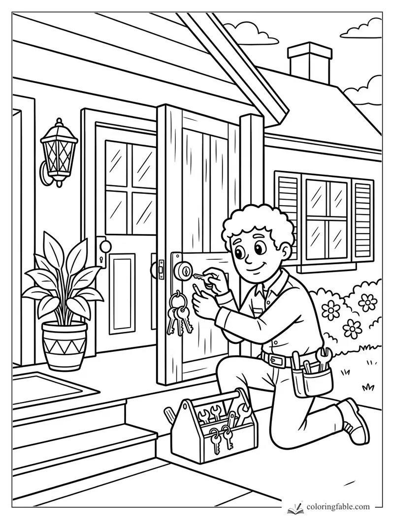 Cartoon locksmith kneeling by a house door with keys, toolbox, porch plant, lantern, shutters, and flowers.