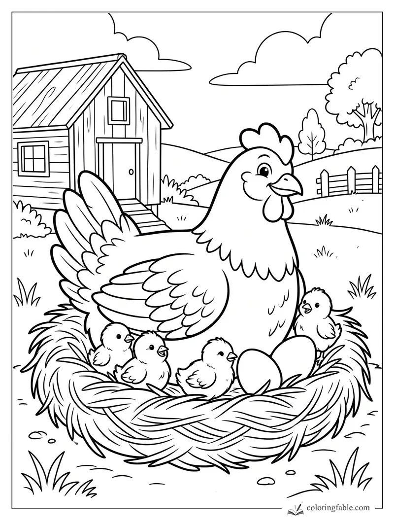 Cartoon hen smiling in a straw nest with four chicks, two eggs, barn, fence, hills, and clouds.