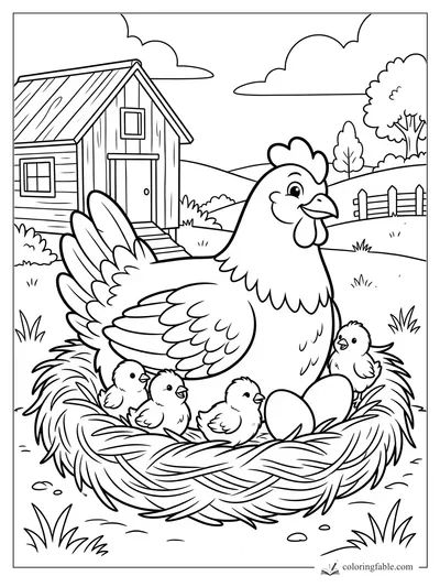 Cartoon hen smiling in a straw nest with four chicks, two eggs, barn, fence, hills, and clouds.