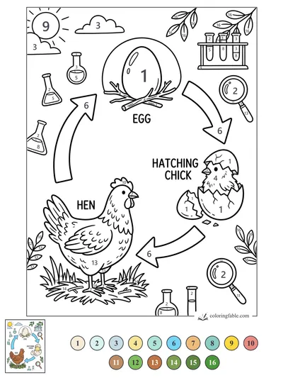 Hen, Egg, and Hatching Chick Life Cycle — color by number