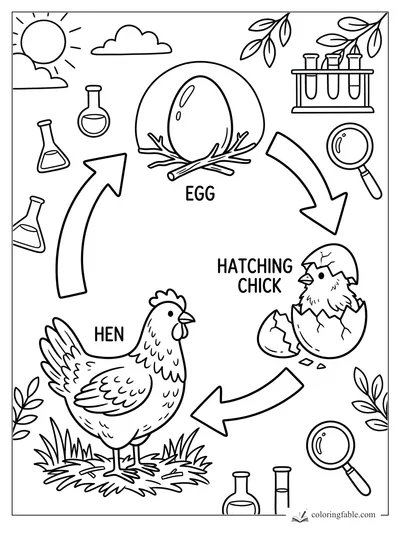 Doodle chicken life cycle with hen, egg in nest, hatching chick, arrows, labels, lab flasks, and magnifying glasses