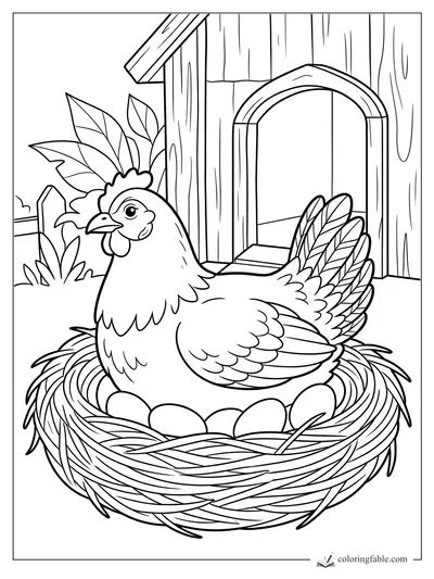 Hen sitting on eggs in a straw nest by an arched barn doorway, leafy plants, and a fence.