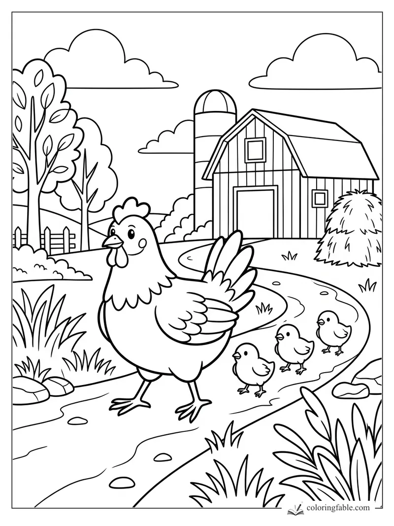 Hen with three chicks on a winding path by a barn, silo, haystack, trees, fence, clouds, rocks, and grass.