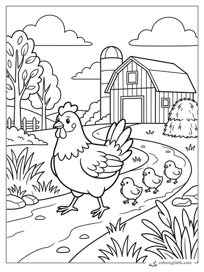 Hen with three chicks on a winding path by a barn, silo, haystack, trees, fence, clouds, rocks, and grass.