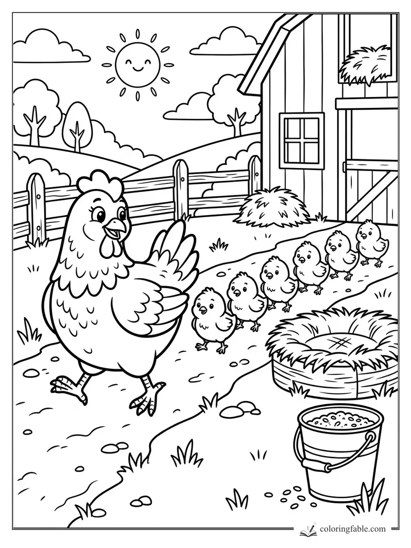 Cartoon hen leading six chicks by a barn, hay nest, feed bucket, fence, hills, clouds, and smiling sun.