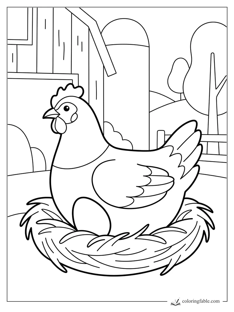 Minimalist hen on a straw nest with an egg, barn boards, silo, fence, and trees in the background