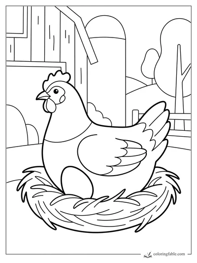 Minimalist hen on a straw nest with an egg, barn boards, silo, fence, and trees in the background