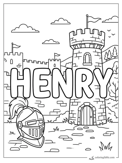 Henry name coloring page with castle towers, flags, knight helmet, hills, trees, and clouds
