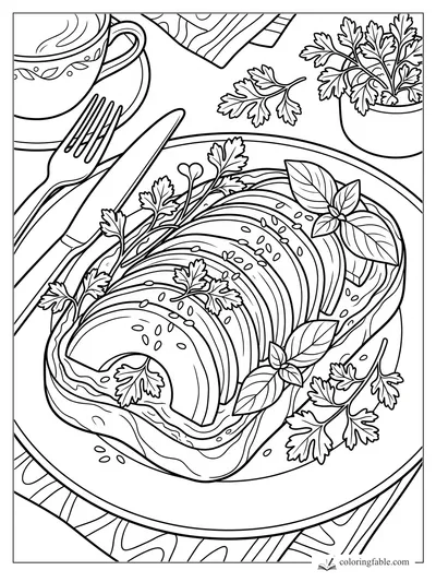 Aesthetic salmon fillet coloring page with herbs, sesame seeds, fork, knife, cup, and potted parsley.