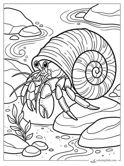 Hermit crab with a spiral shell walking past rocks, seaweed, bubbles, and swirling tide-pool water.
