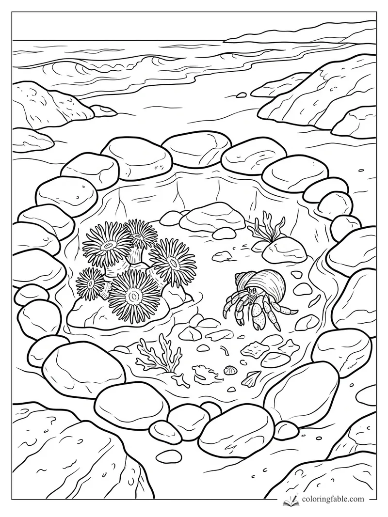 Realistic beach coloring page of a hermit crab, sea anemones, pebbles, rocks, and waves beyond a tide pool.