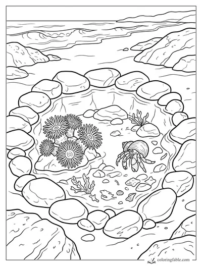 Realistic beach coloring page of a hermit crab, sea anemones, pebbles, rocks, and waves beyond a tide pool.