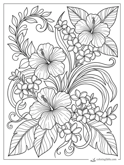 Intricate hibiscus and plumeria coloring page with curling vines and veined tropical leaves.