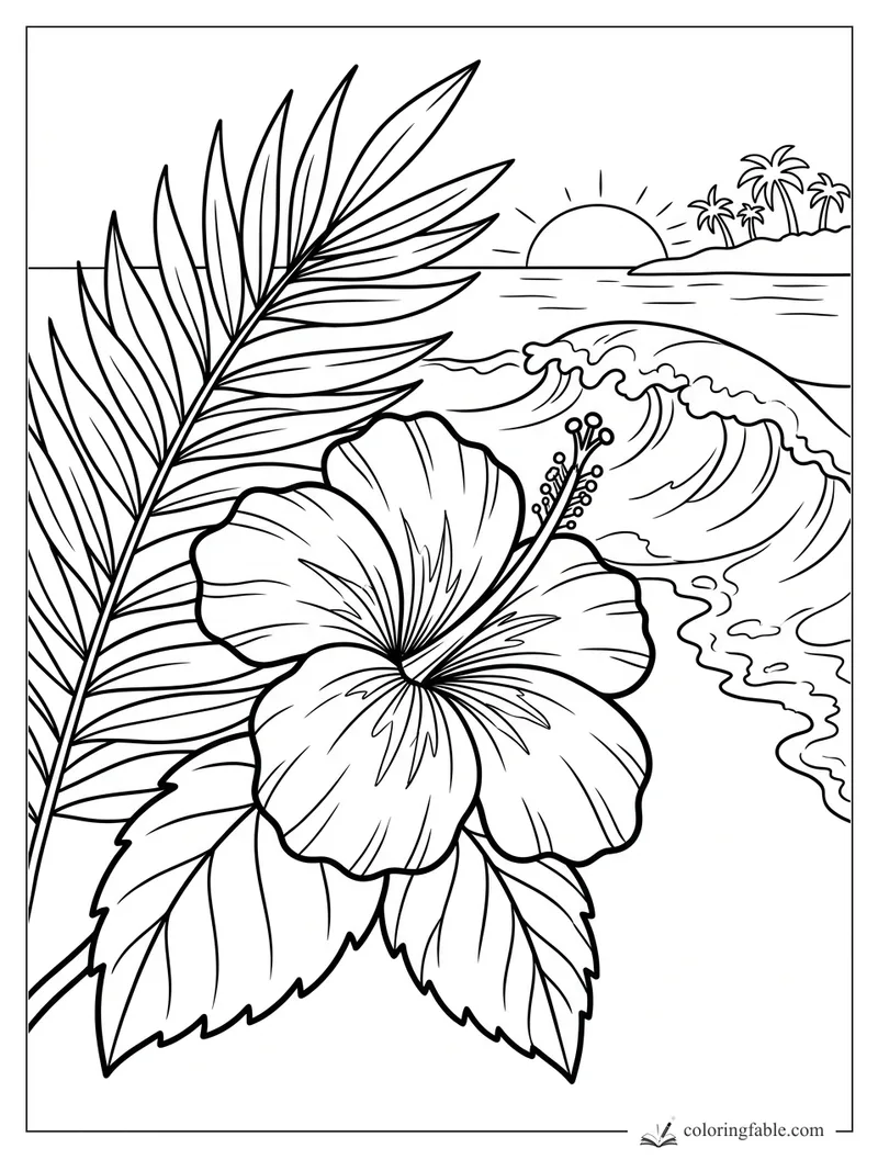 Hibiscus flower and palm frond beside a curling ocean wave, sunset, and small island with palm trees