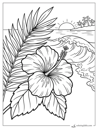 Hibiscus flower and palm frond beside a curling ocean wave, sunset, and small island with palm trees