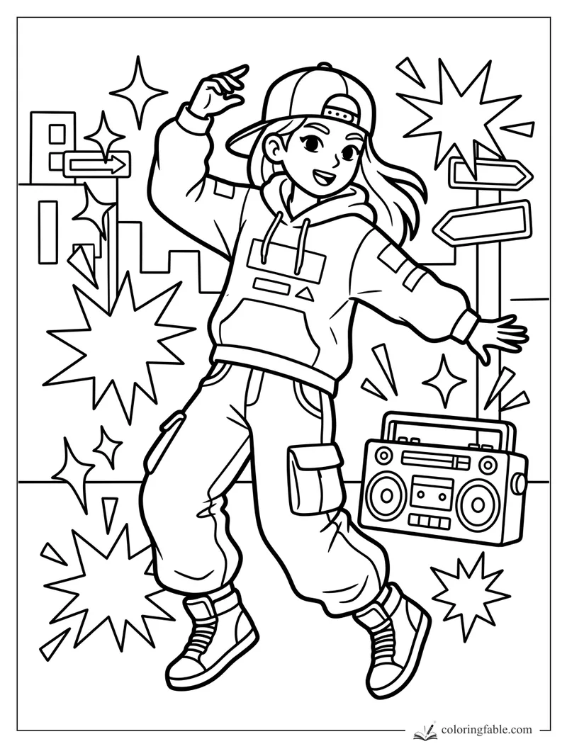 Cartoon girl in cap and hoodie dancing beside a boombox, city signs, arrows, and starbursts