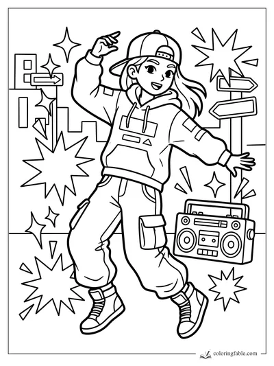 Cartoon girl in cap and hoodie dancing beside a boombox, city signs, arrows, and starbursts