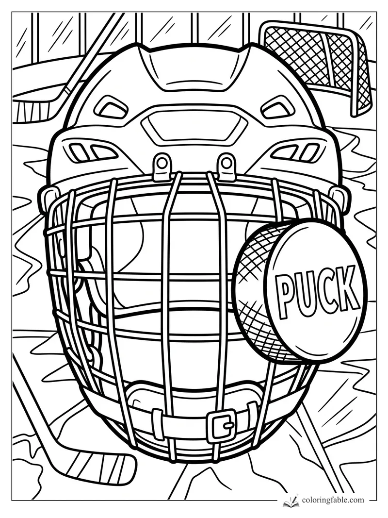 Bold hockey helmet with face cage, labeled puck, sticks, rink glass, and net coloring page