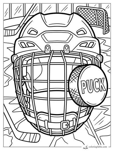 Bold hockey helmet with face cage, labeled puck, sticks, rink glass, and net coloring page