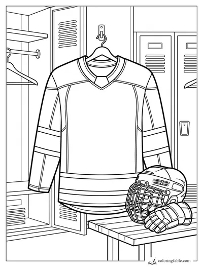 Hockey jersey on a hanger with helmet, gloves, lockers, and bench in a locker room coloring page