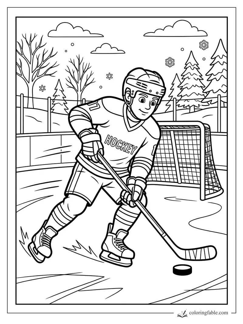 Cartoon hockey player skating with a puck toward an outdoor rink goal in winter