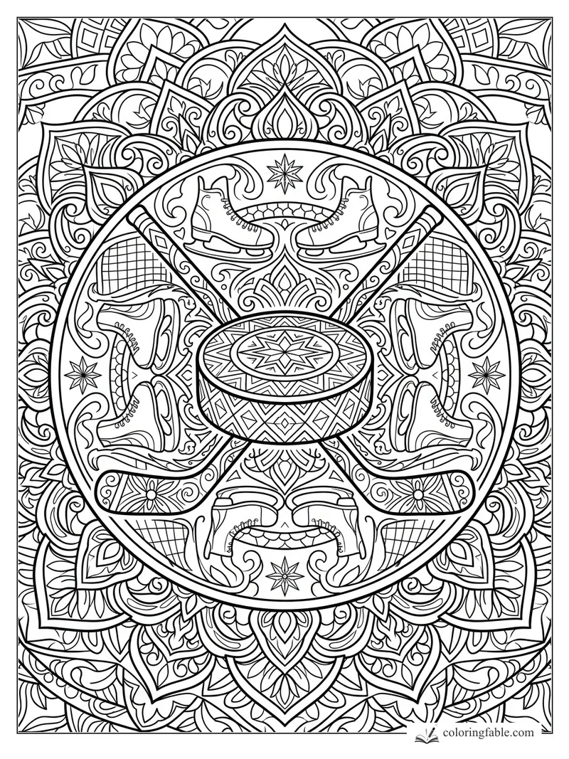 Intricate hockey mandala with six skates, rink nets, stars, scrollwork, and a patterned puck at center.