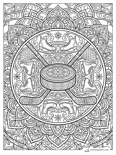 Intricate hockey mandala with six skates, rink nets, stars, scrollwork, and a patterned puck at center.