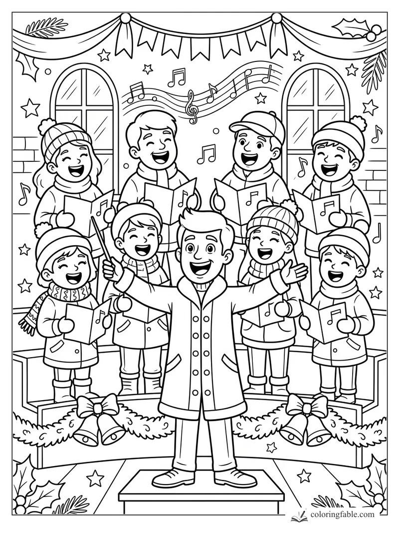 Cartoon holiday choir singing with songbooks, conductor, garlands, bells, stars, and arched windows.