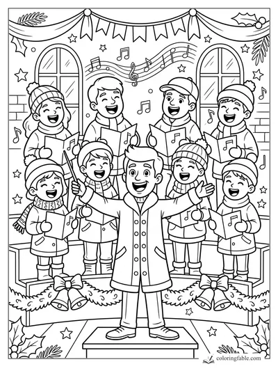 Cartoon holiday choir singing with songbooks, conductor, garlands, bells, stars, and arched windows.