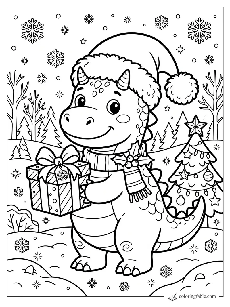 Cartoon dinosaur in Santa hat and scarf holding a wrapped gift in a snowy forest with Christmas tree.