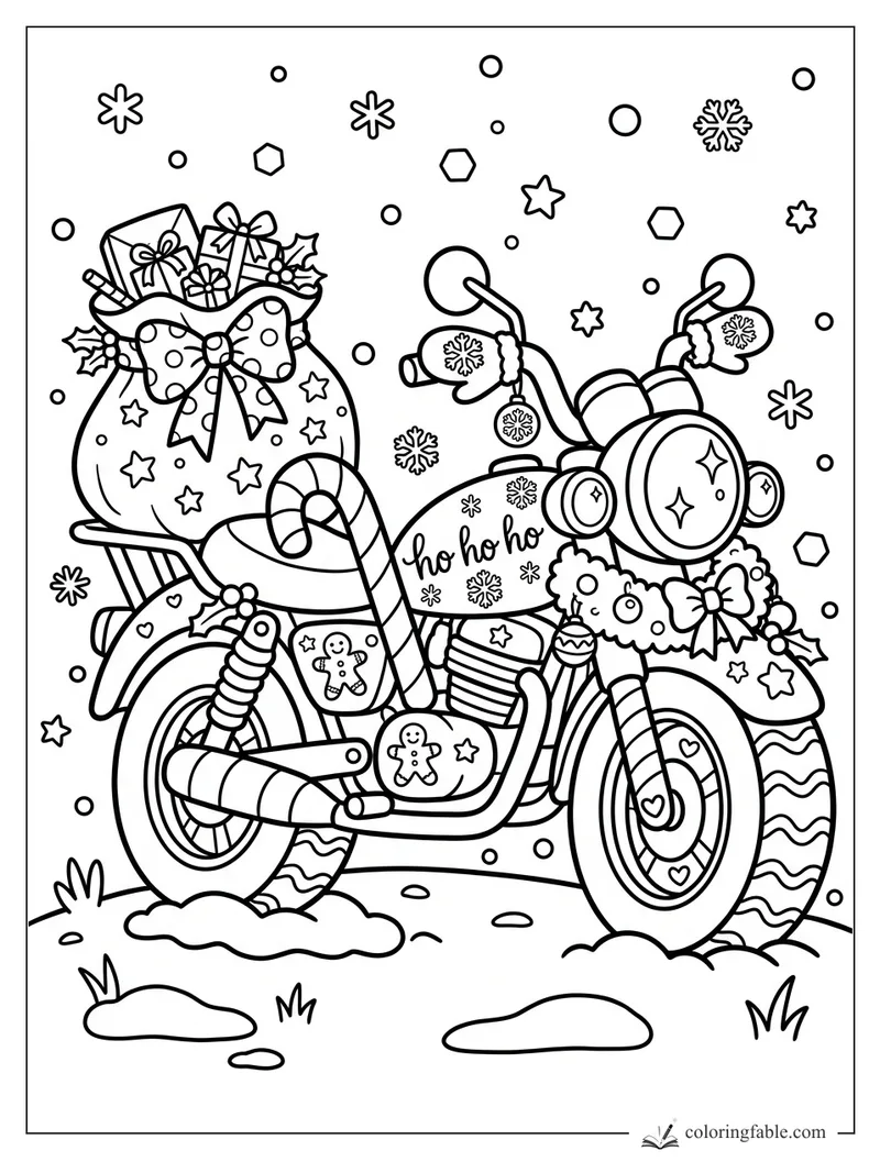 Kawaii holiday motorcycle with gift sack, candy cane, bows, mittens, snowflakes, and ho ho ho tank