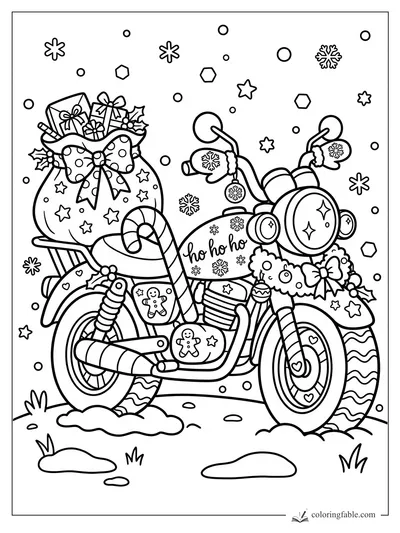 Kawaii holiday motorcycle with gift sack, candy cane, bows, mittens, snowflakes, and ho ho ho tank