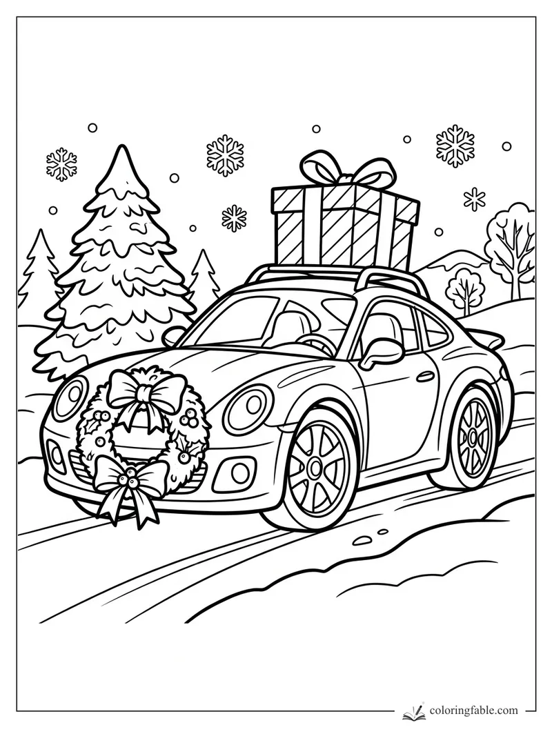 Cartoon sports car with a hood wreath, roof gift, snowy trees, and falling snowflakes