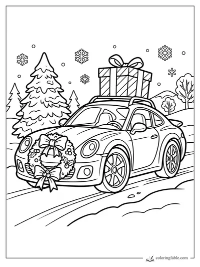 Cartoon sports car with a hood wreath, roof gift, snowy trees, and falling snowflakes