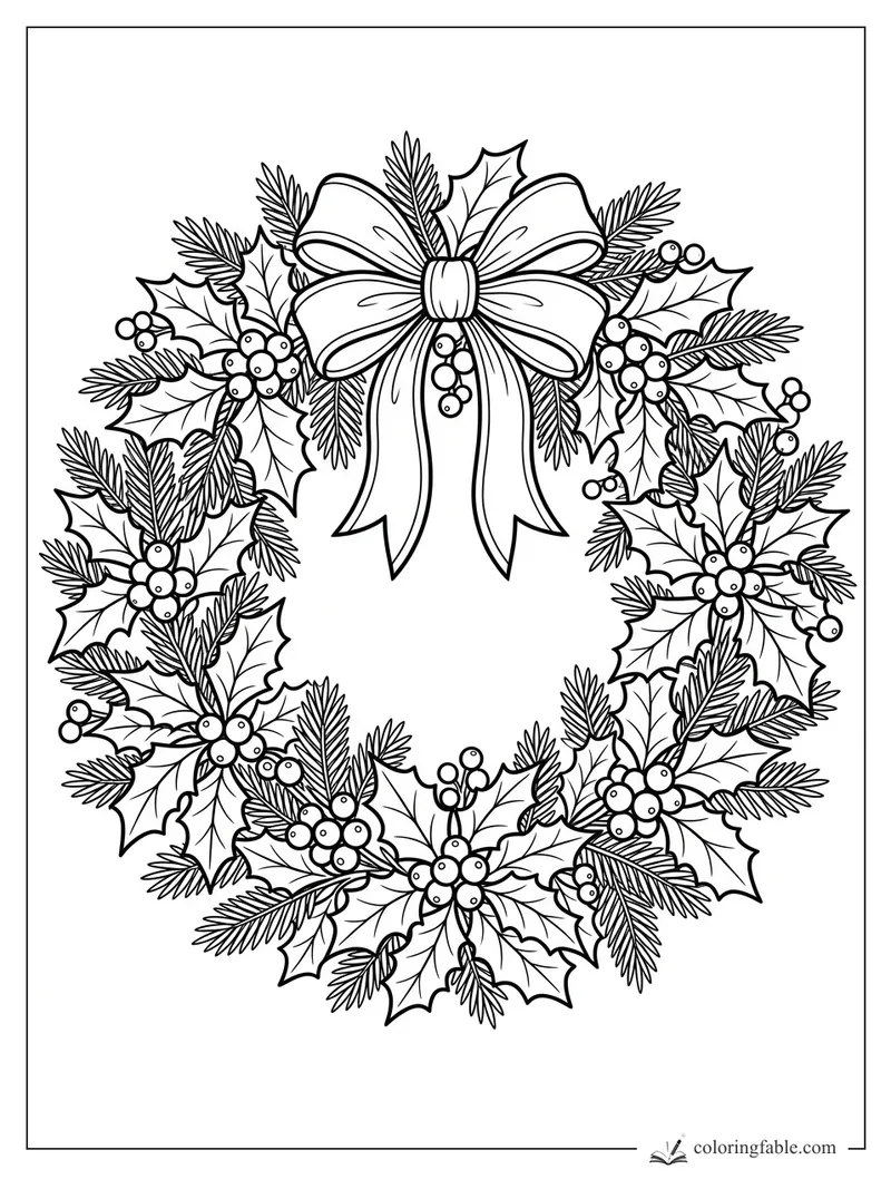 Christmas wreath coloring page with holly leaves, pine sprigs, berries, and a large ribbon bow