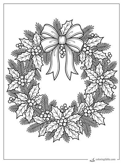Christmas wreath coloring page with holly leaves, pine sprigs, berries, and a large ribbon bow