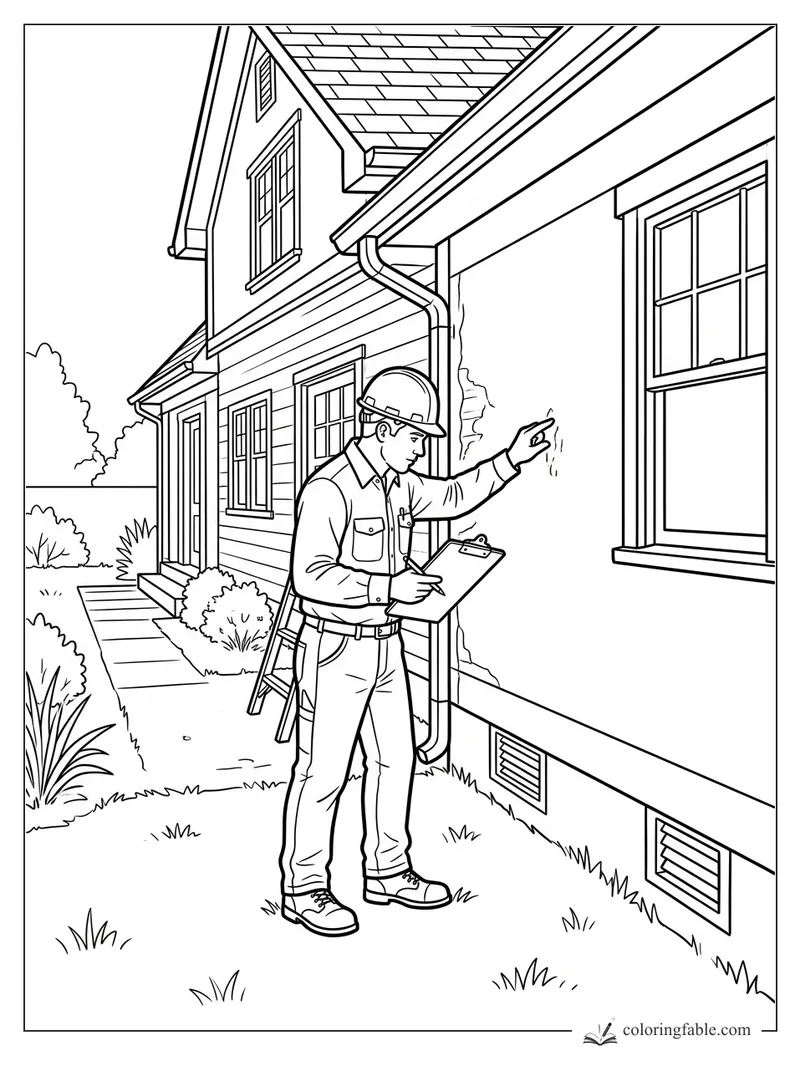 Realistic house coloring page with a home inspector pointing at siding while holding a clipboard.