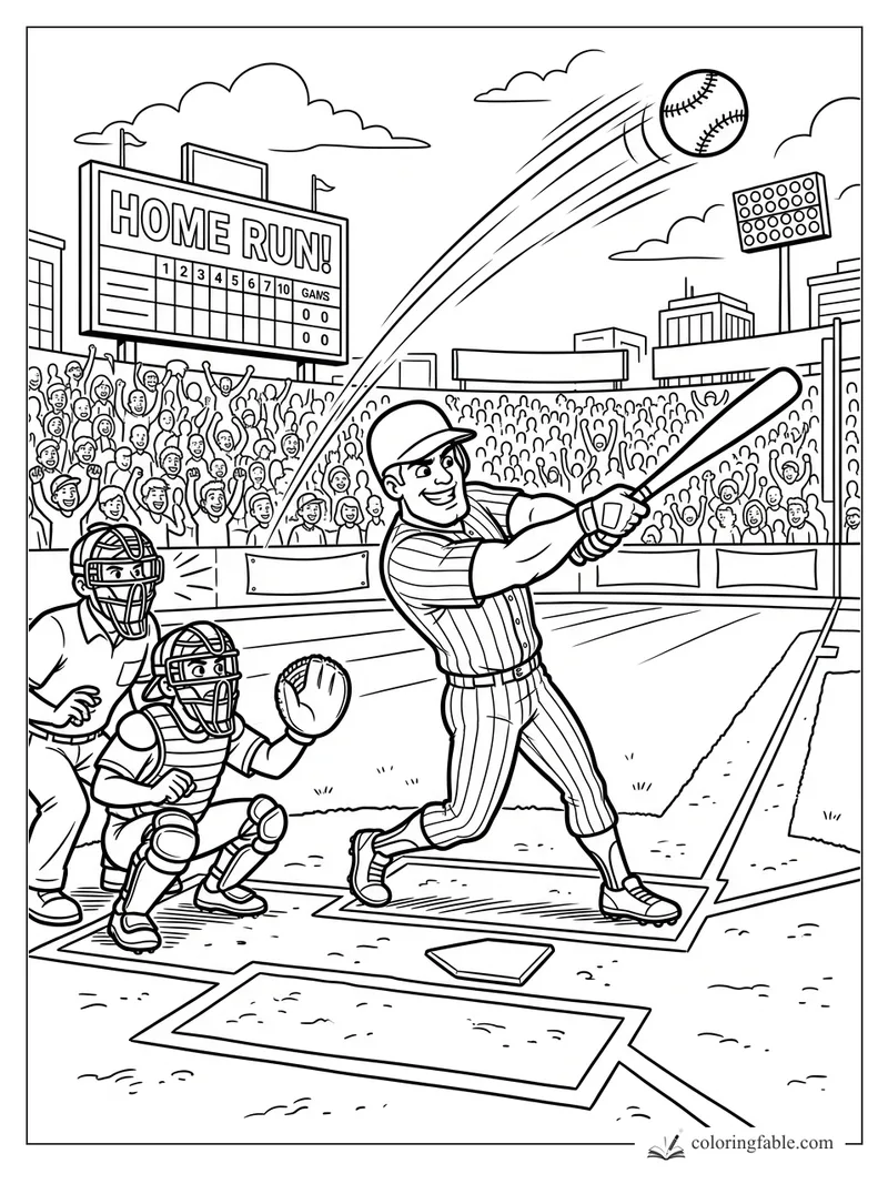 Cartoon batter hitting a home run as catcher, umpire, crowd, scoreboard, and stadium lights react.