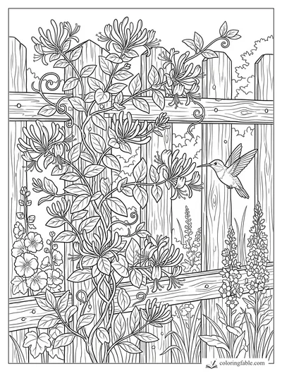 Honeysuckle vine, wooden fence, hollyhocks, snapdragons, and a hovering hummingbird coloring page