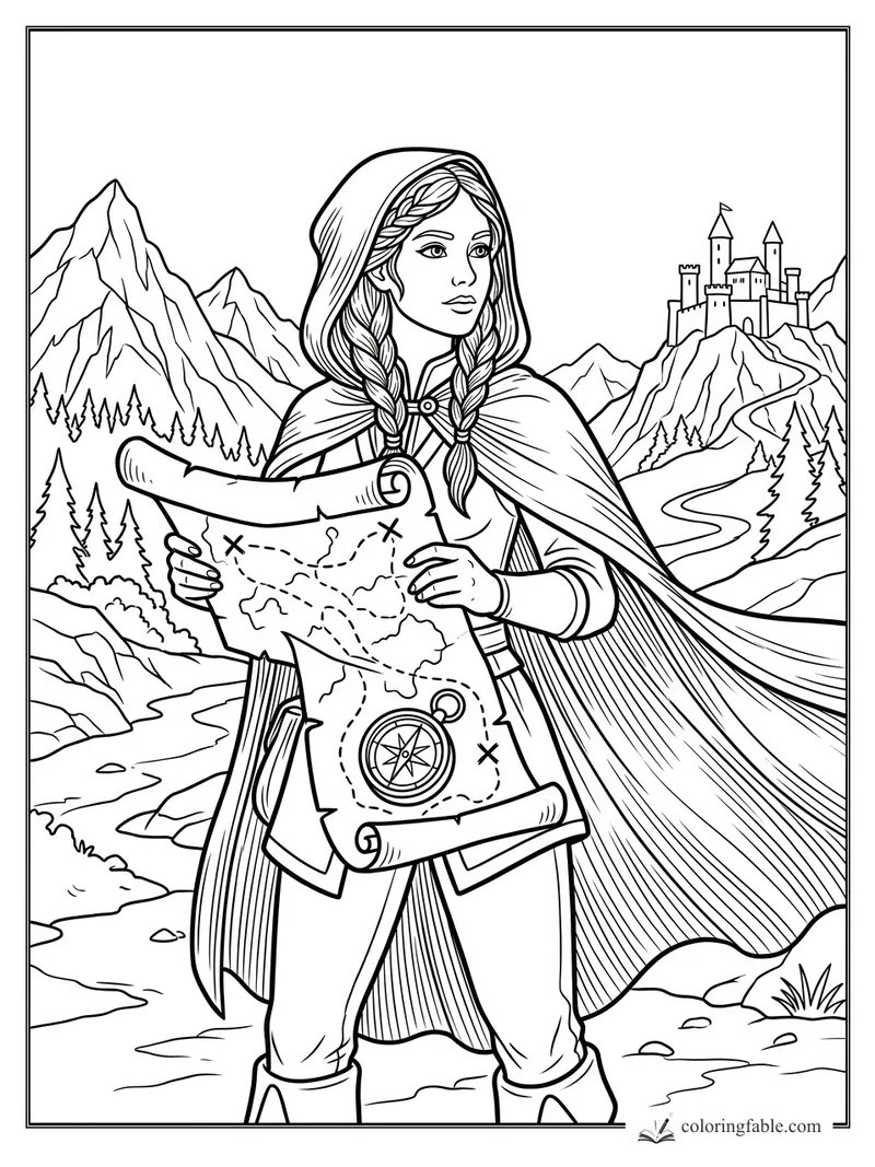 Hooded princess holding a treasure map in mountains, with pine forests, river, compass, and castle in the distance
