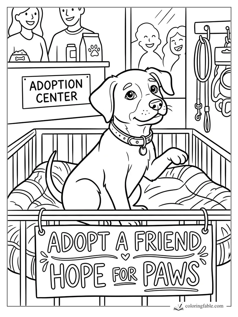 Smiling puppy in an adoption center pen with Adopt a Friend Hope for Paws sign and hanging leashes