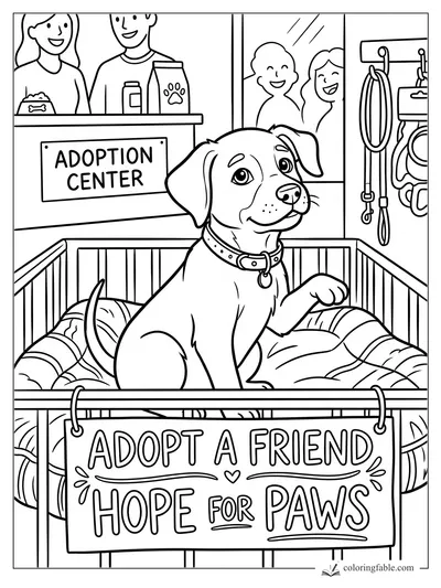 Smiling puppy in an adoption center pen with Adopt a Friend Hope for Paws sign and hanging leashes